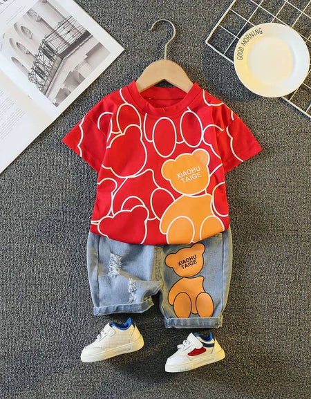 Abstract Teddy Print Tee & Denim Short Set