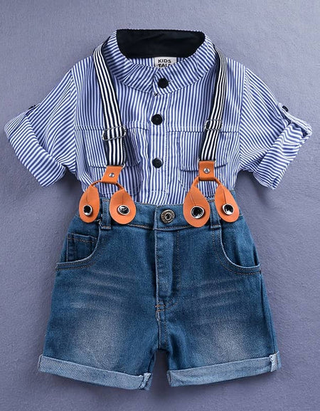 Striped Collar Shirt and Denim Shorts 3pieces Set