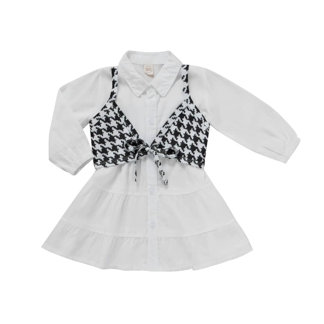 Girls' 2in1 Houndstooth Bubble Sleeve Shirt Dress