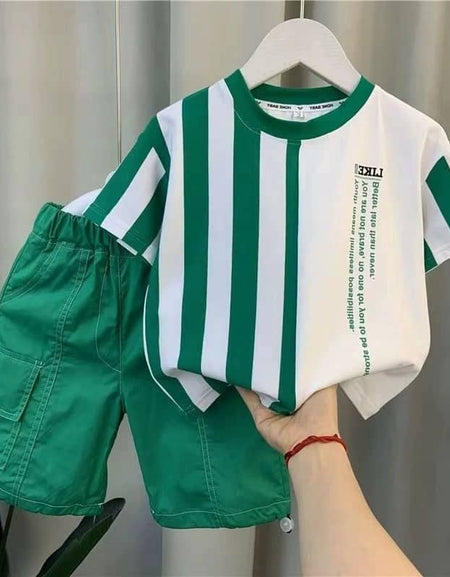 Striped Pattern Tee & Pocket Detail Shorts Set