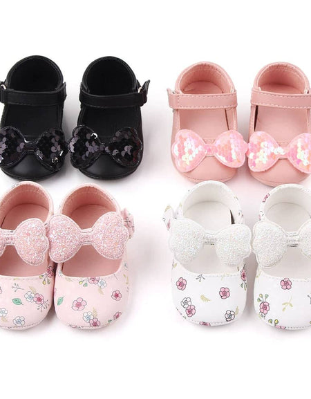 Flowery Sequin Bow Baby Shoes