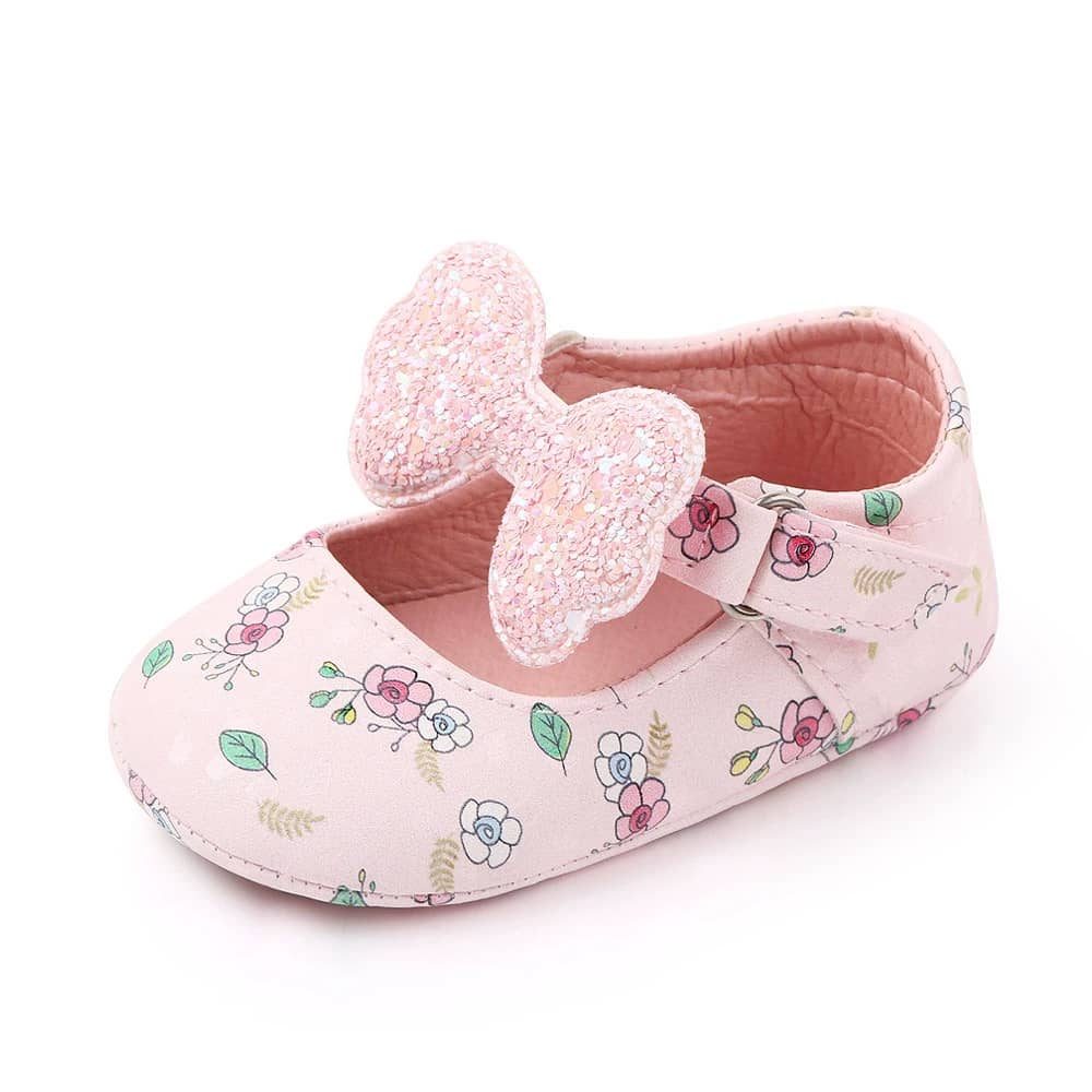 Flowery Sequin Bow Baby Shoes