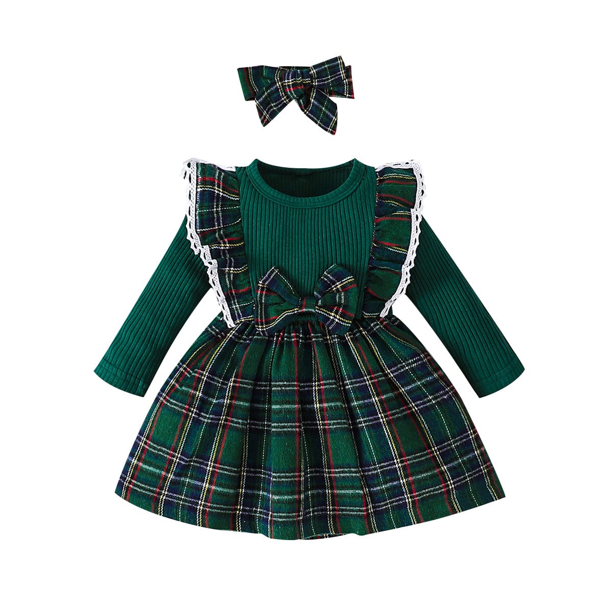 Lacey Frills Detail Bow Plaid Dress with Headband