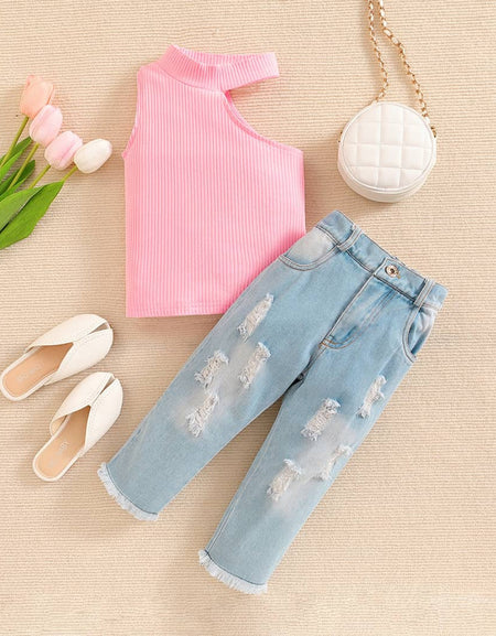 Toddler Girls' Sleeveless Off Shoulder Top And Ripped Denim Set.