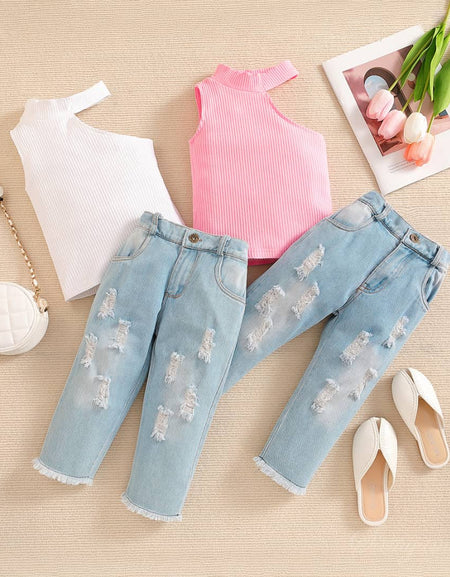 Toddler Girls' Sleeveless Off Shoulder Top And Ripped Denim Set.