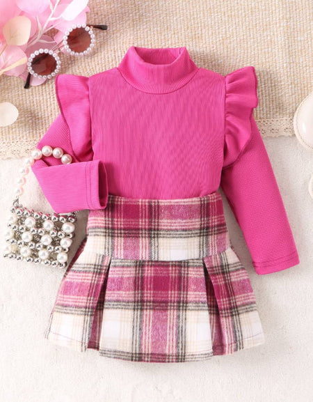 Ruffle Sleeve Turtleneck Top And High Waist Plaid Skirt.