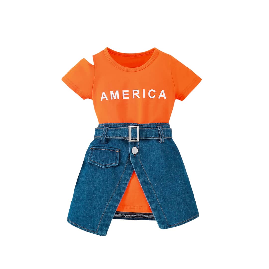 America Baby Hollow Out Tee Dress and Belted Denim Skirt