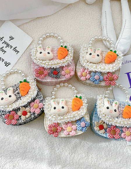 Cute Bunny with Carrot Tweed Pearl Handle Mini Bag