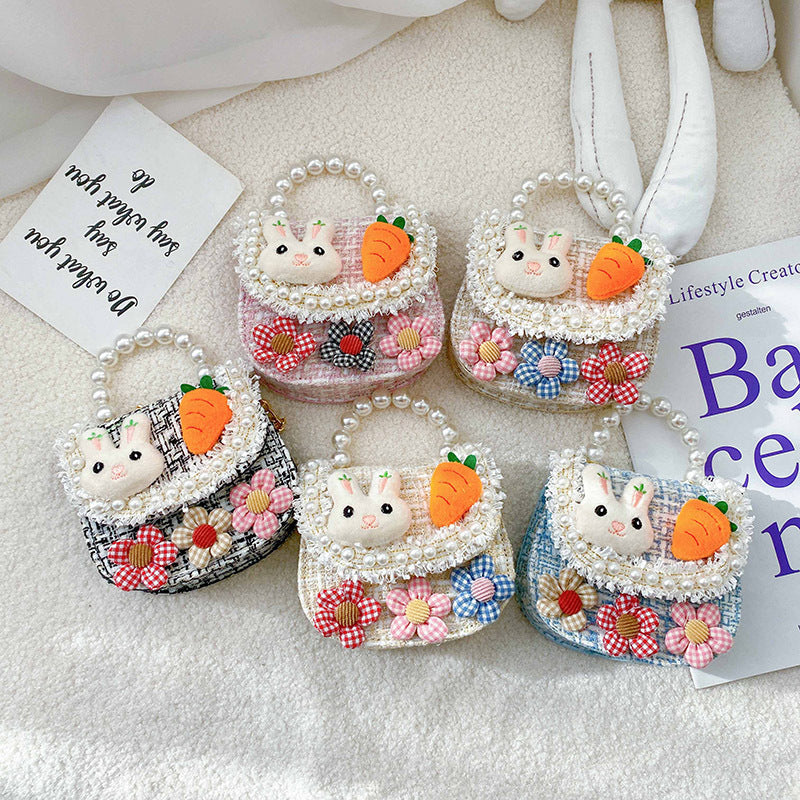 Cute Bunny with Carrot Tweed Pearl Handle Mini Bag