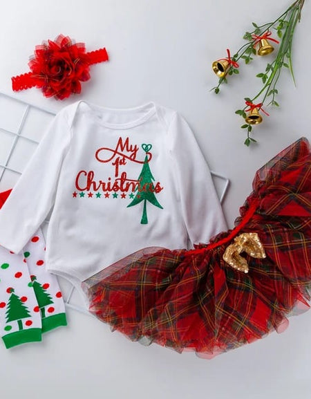 My first Christmas Plaid Skirt  3piece set