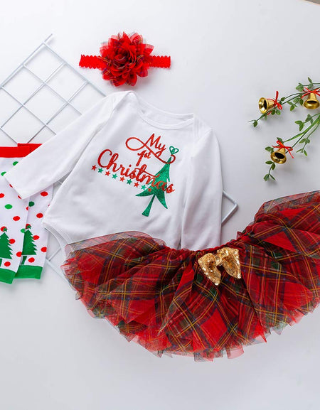 My first Christmas Plaid Skirt  3piece set
