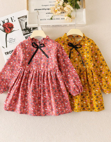 Floral Print Crew Neck Pleated Long-Sleeved Gown.