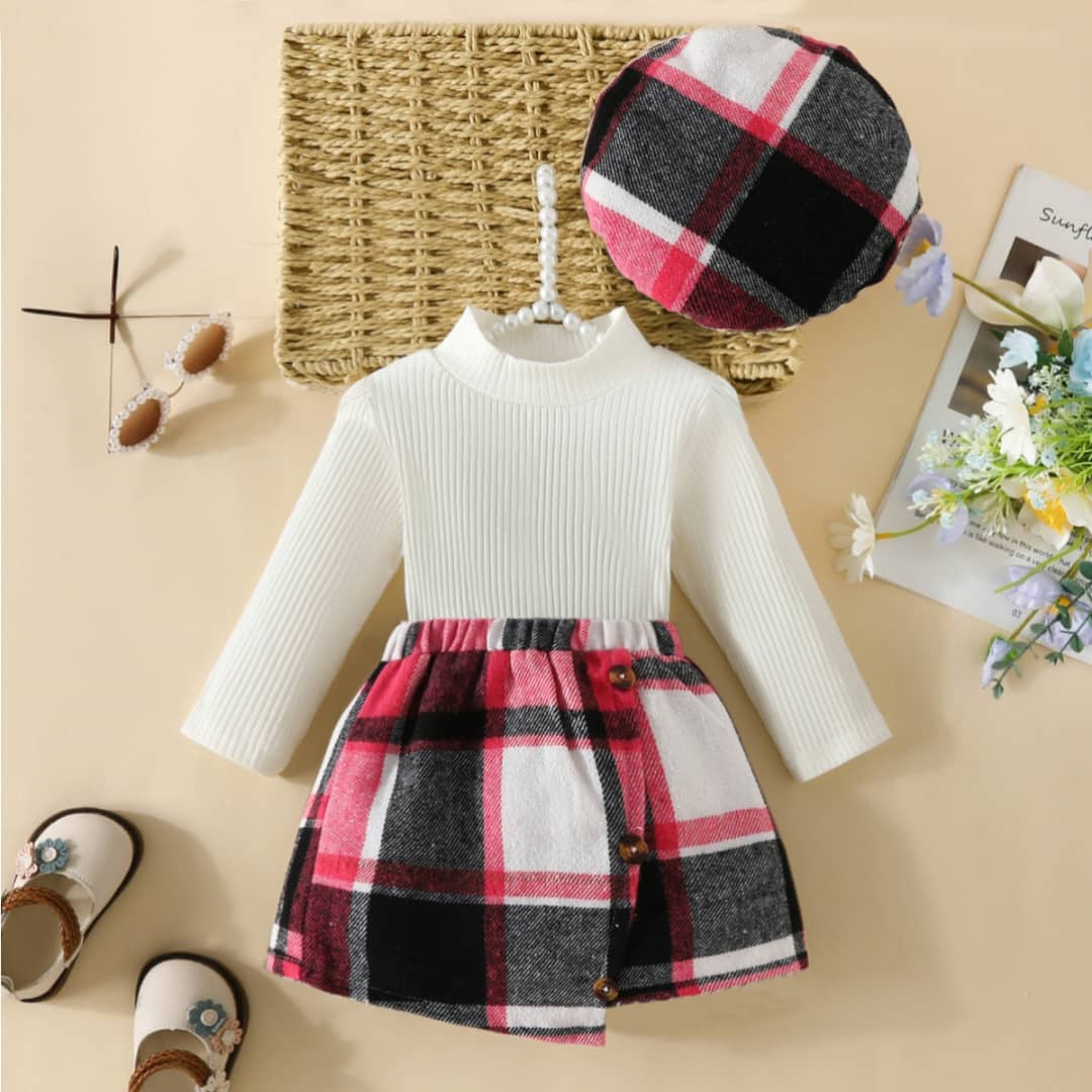 Girls' Turtleneck Top, Button Detail Asymmetrical Plaid Skirt & Beret Set.