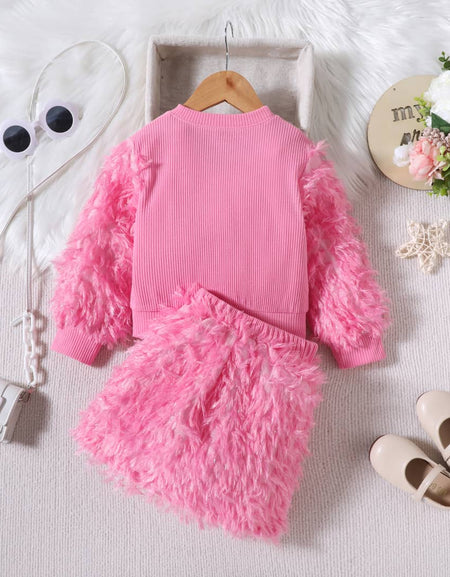 Girls' Fur Patchwork Long-Sleeved Top & Plush Skirt.