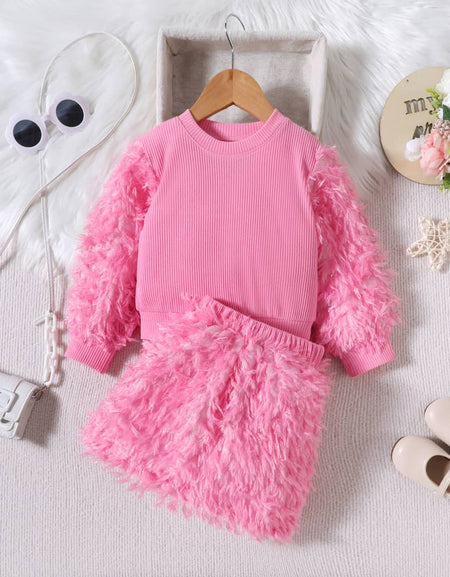 Girls' Fur Patchwork Long-Sleeved Top & Plush Skirt.