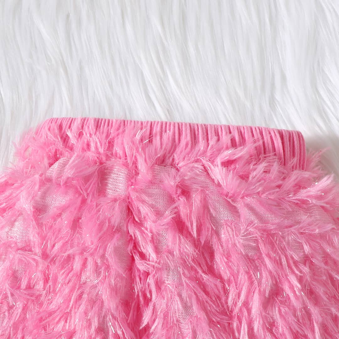 Girls' Fur Patchwork Long-Sleeved Top & Plush Skirt.