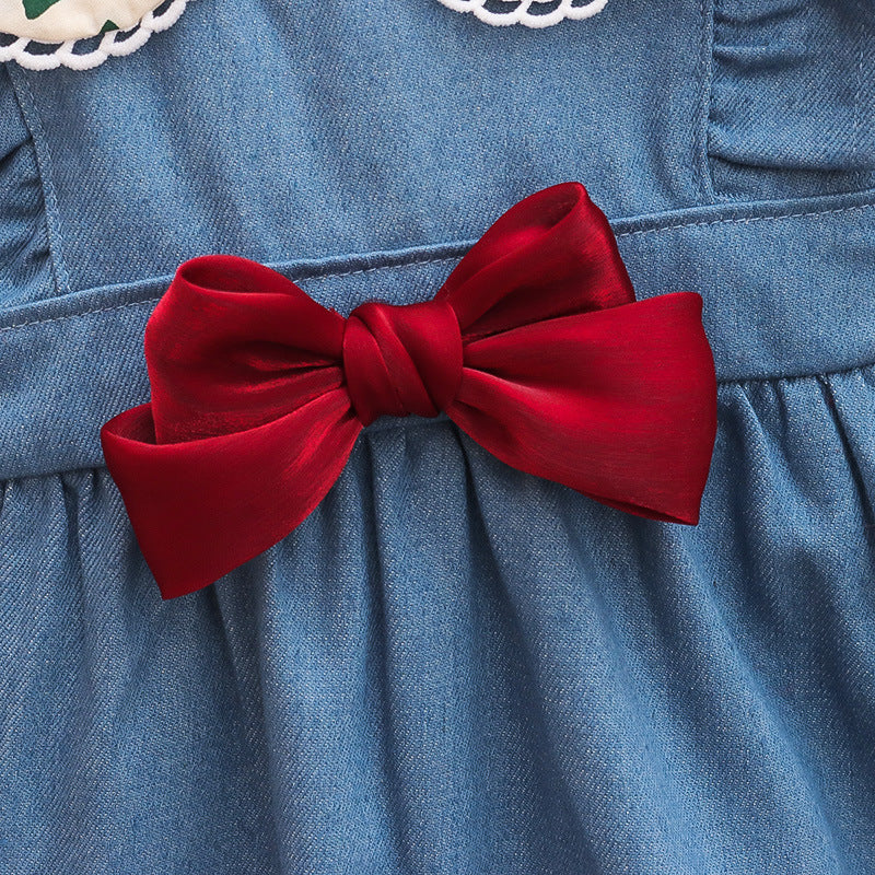 Ruffle Bow Knot Dress with Heart Print & Lacey Collar Details