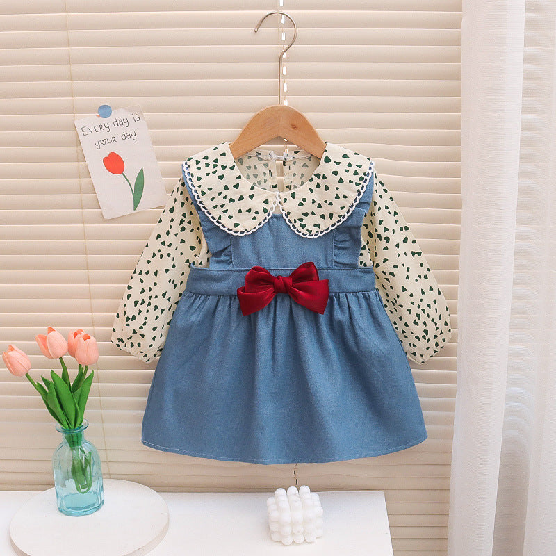 Ruffle Bow Knot Dress with Heart Print & Lacey Collar Details