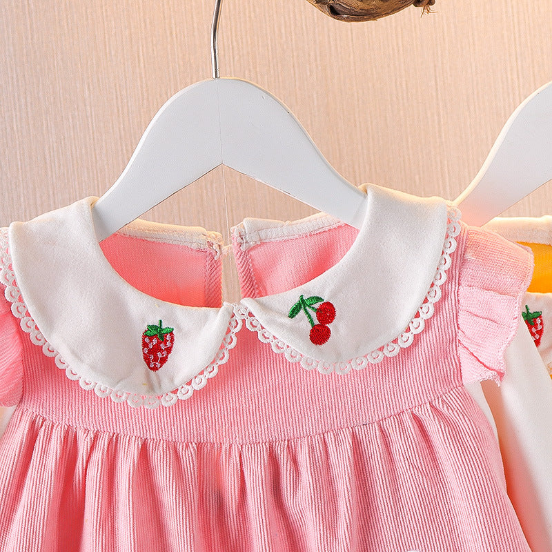 Berries and Rabbit Cape Embroidered Ruffle Trim Corduroy Dress.