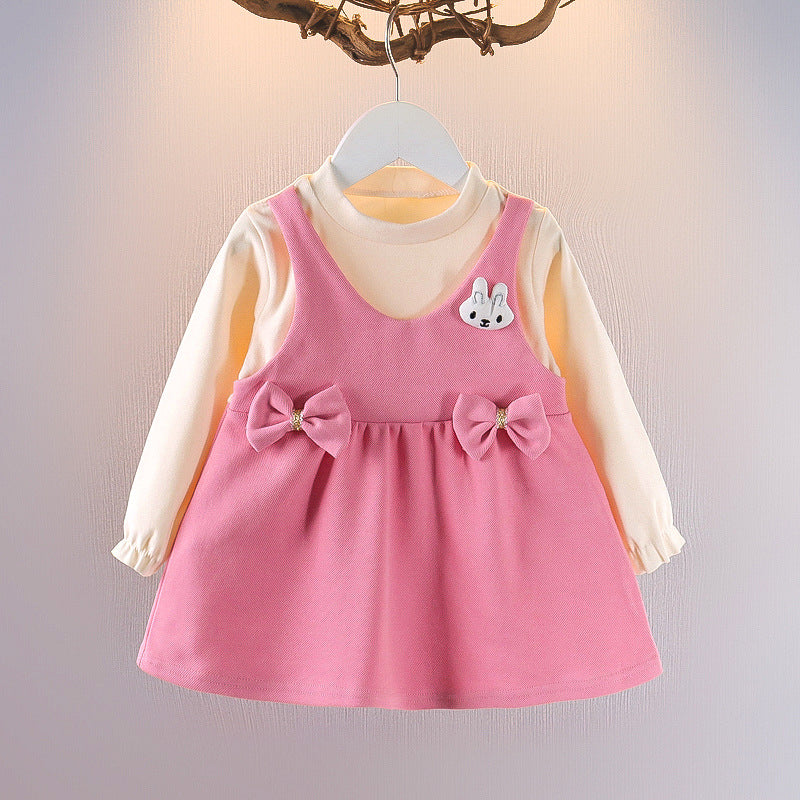 Girls' Bowknot Bunny Embroidered Long-Sleeved Dress.