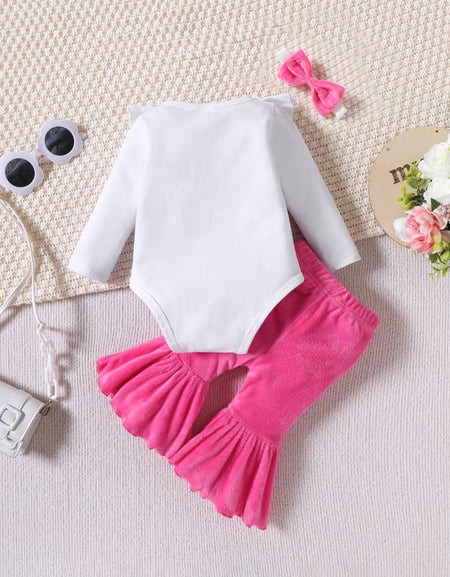 Baby Girl Ruffle Trim Romper Top, Flared Pant And Headband Set.