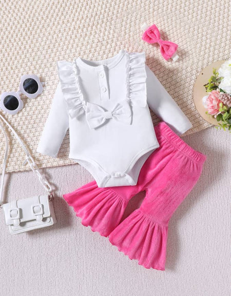 Baby Girl Ruffle Trim Romper Top, Flared Pant And Headband Set.