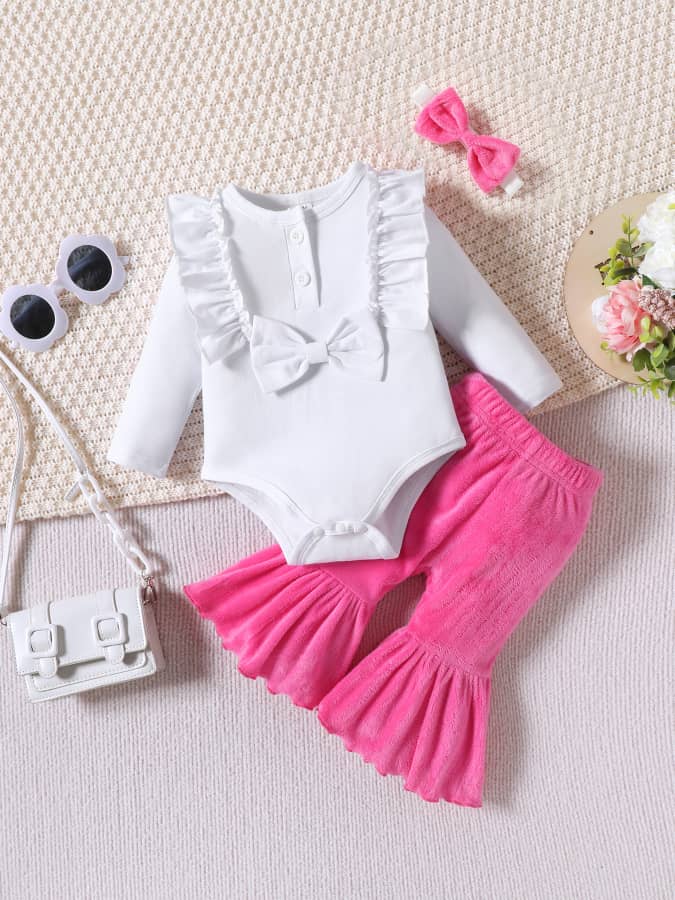 Baby Girl Ruffle Trim Romper Top, Flared Pant And Headband Set.