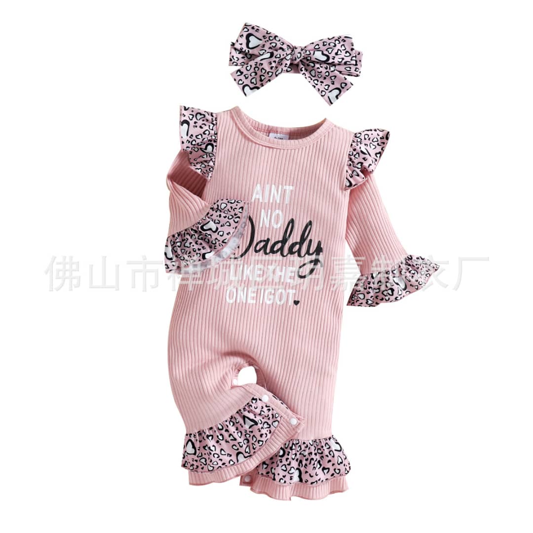 Baby Girls' Leopard Letter Print Ruffle Flare Detail Jumpsuit
