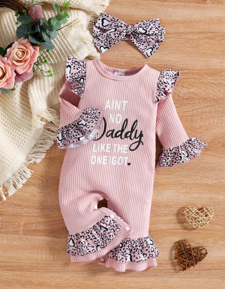 Baby Girls' Leopard Letter Print Ruffle Flare Detail Jumpsuit
