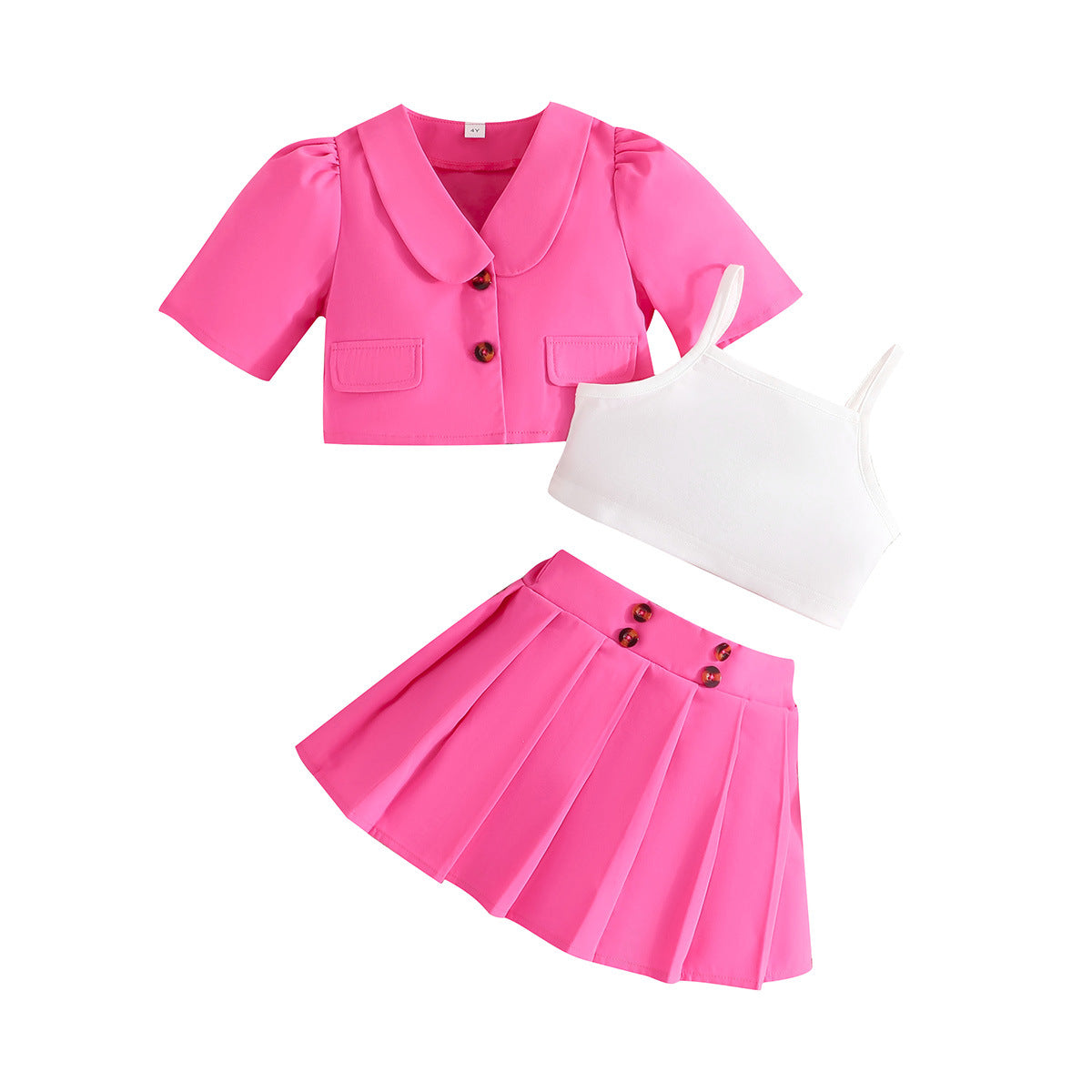 Blazer Style Jacket, Cami Top & Button Detail Pleated Skirt Set.