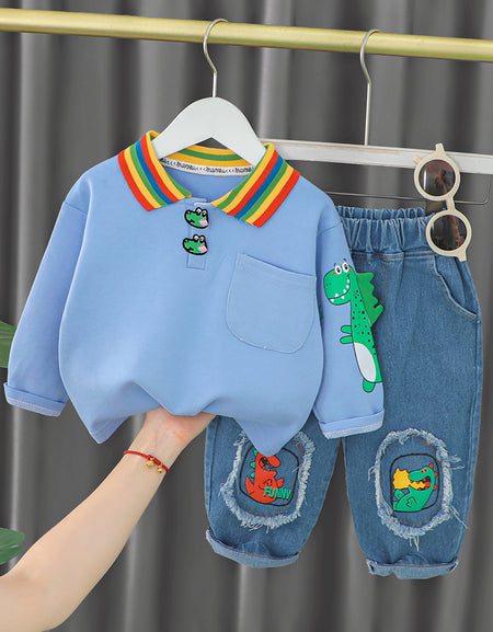 Dinosaur Designed Long-Sleeved Polo Shirt & Denim Pants Set