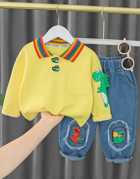 Dinosaur Designed Long-Sleeved Polo Shirt & Denim Pants Set