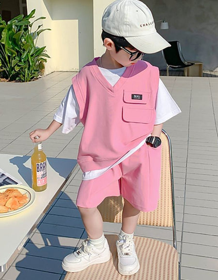 Unisex 2piece Loose Fit Solid Color Vest & Short