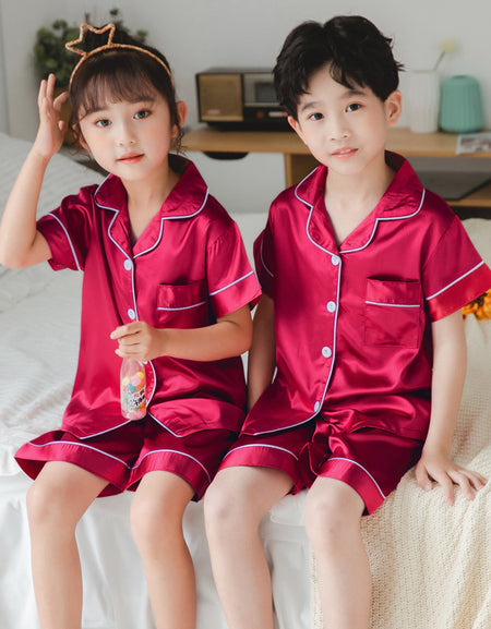 Unisex 2piece Solid Color Silk  Pyjamas.