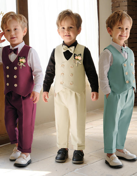 Boys Pant, Shirt, Vest Coat& Bowtie Suit Set with Boutonniere