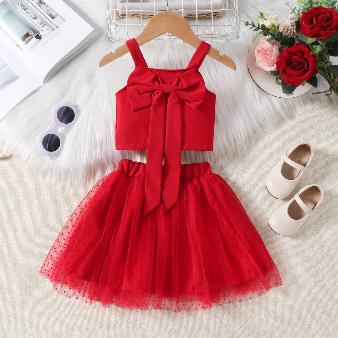 Stylish Polkadot Tutu Skirt and Bowknot Crop Top Set