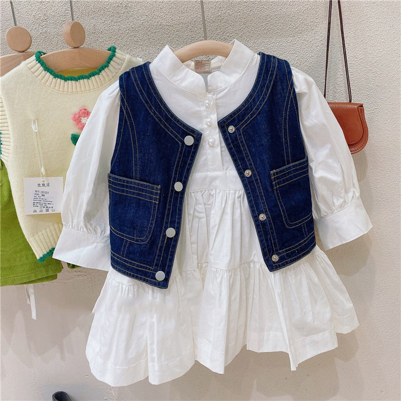 2Piece Denim Vest& Longsleeved Dress Set