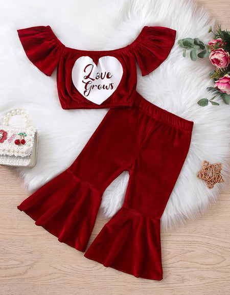 Love Grows Velvet Off Shoulder Top& Flare Pants Set