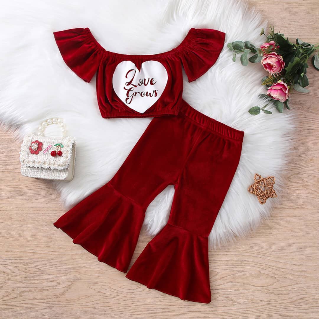 Love Grows Velvet Off Shoulder Top& Flare Pants Set