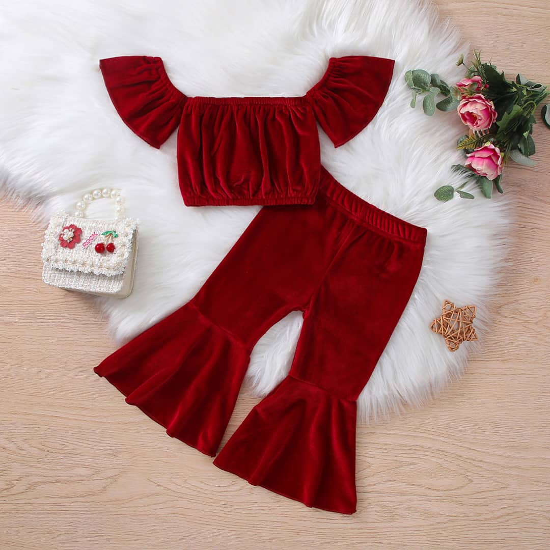 Love Grows Velvet Off Shoulder Top& Flare Pants Set