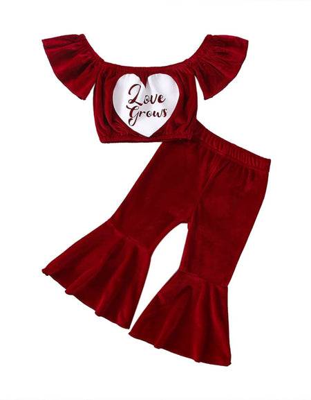 Love Grows Velvet Off Shoulder Top& Flare Pants Set