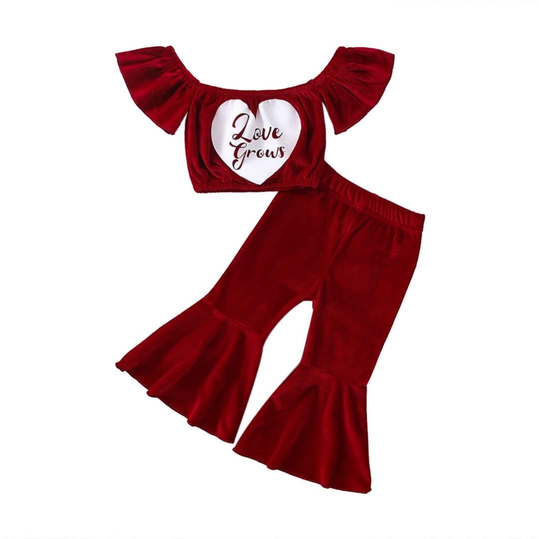 Love Grows Velvet Off Shoulder Top& Flare Pants Set