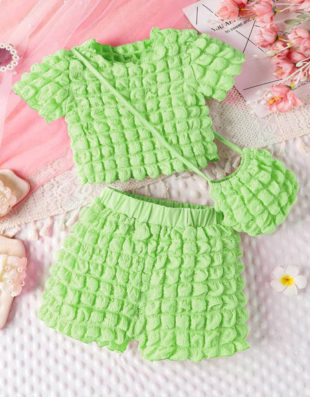 Bubble Textured Top and Shorts Set with Bag