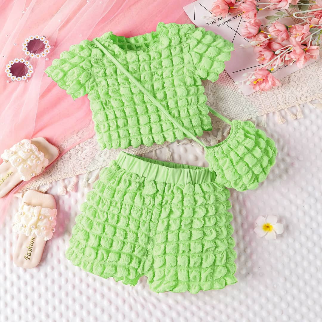 Bubble Textured Top and Shorts Set with Bag