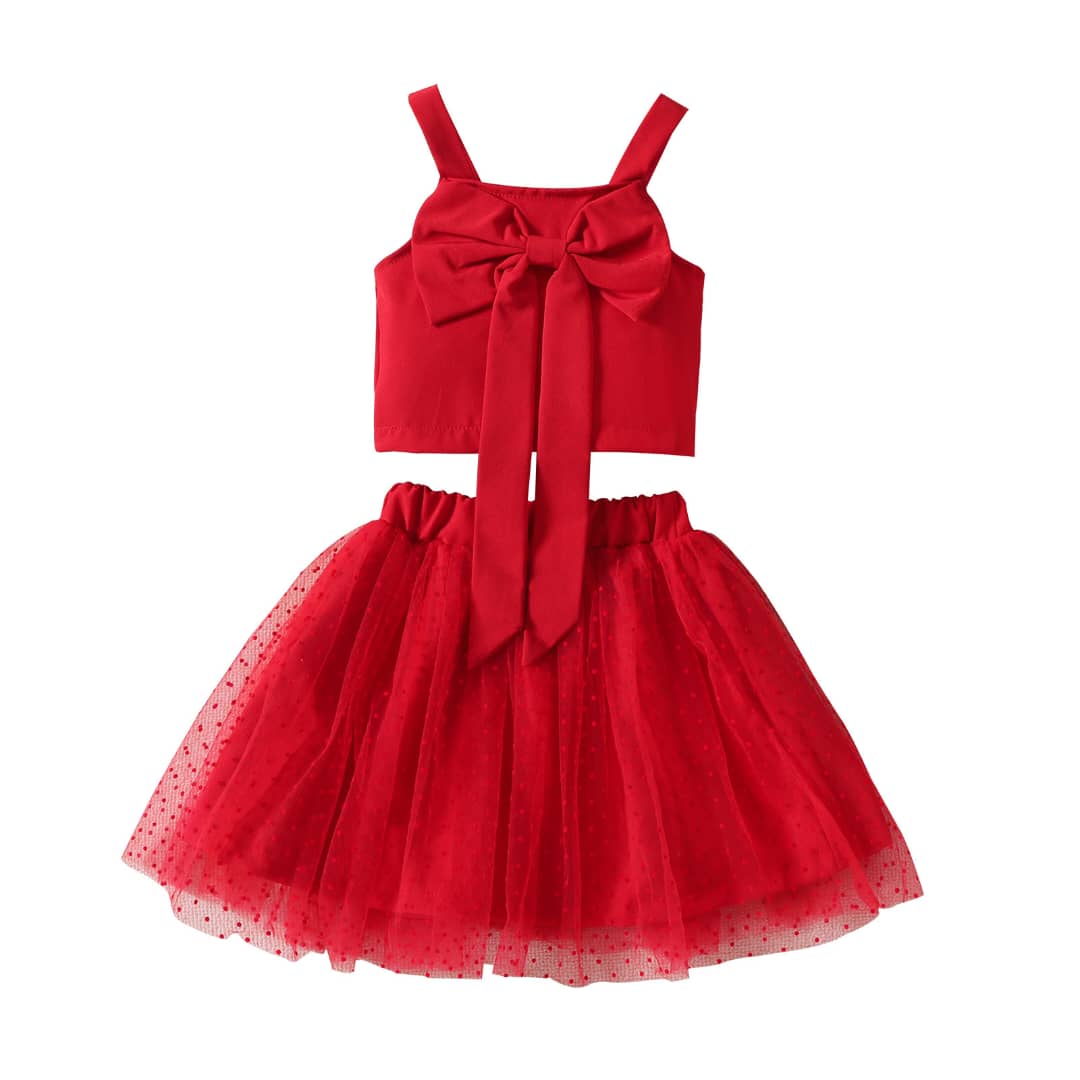 Stylish Polkadot Tutu Skirt and Bowknot Crop Top Set