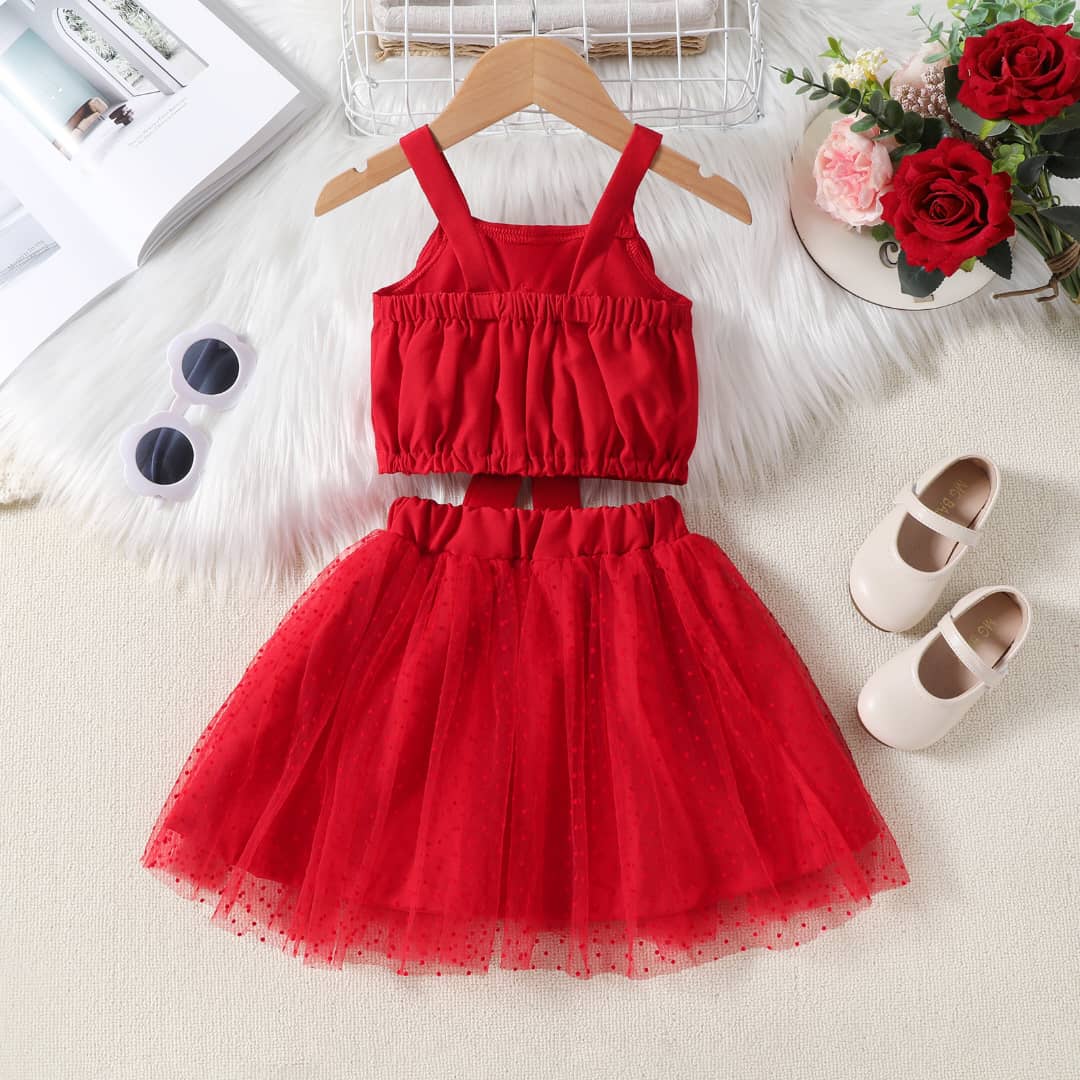 Stylish Polkadot Tutu Skirt and Bowknot Crop Top Set