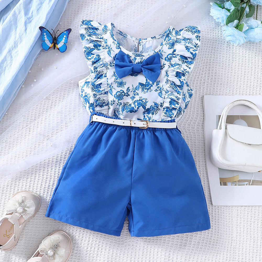 Floral Print Frill Sleeve Top& Belted Short Set