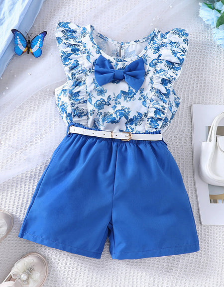 Floral Print Frill Sleeve Top& Belted Short Set