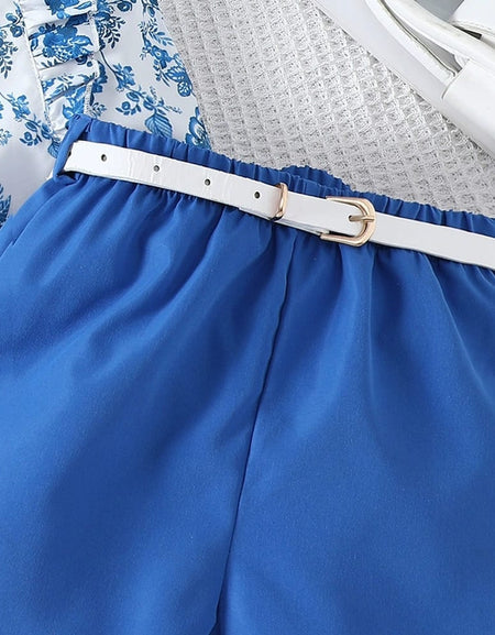 Floral Print Frill Sleeve Top& Belted Short Set