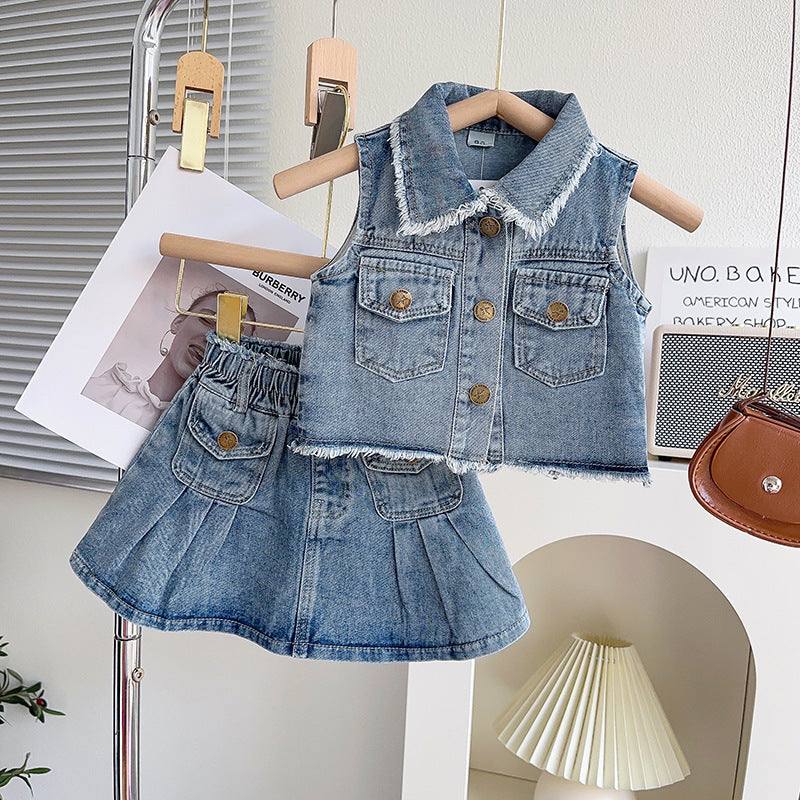 Sleeveless Denim Jacket and Skirt 2Piece Set